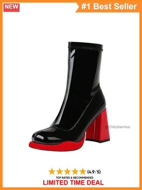 Mofirdast Gogo Boots Platform Chunky Heel Mid Calf Square Toe Side Zip
